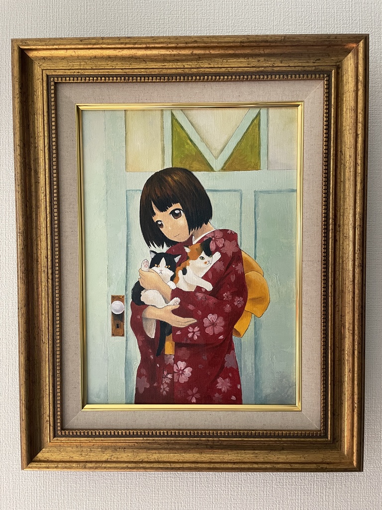 【完売御礼】原画「子猫二匹を抱く大正のお嬢様」油絵　F4（額縁、木枠なし）