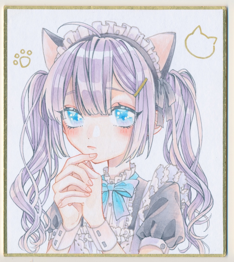 ミニ色紙 原画 猫耳メイド みたらし団子と猫 Booth