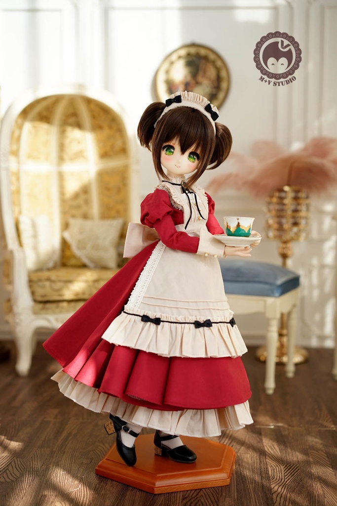 MDD S胸、可愛いリボンメイド服５点セット☆レッド（ロング）-