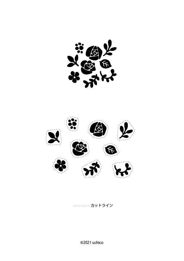 消しゴムはんこ図案 バラと葉っぱと小花の図案 Uchico Booth